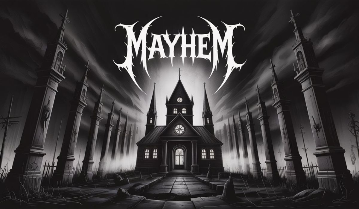 Mayhem album covers featuring iconic black metal artwork with dark and atmospheric themes.