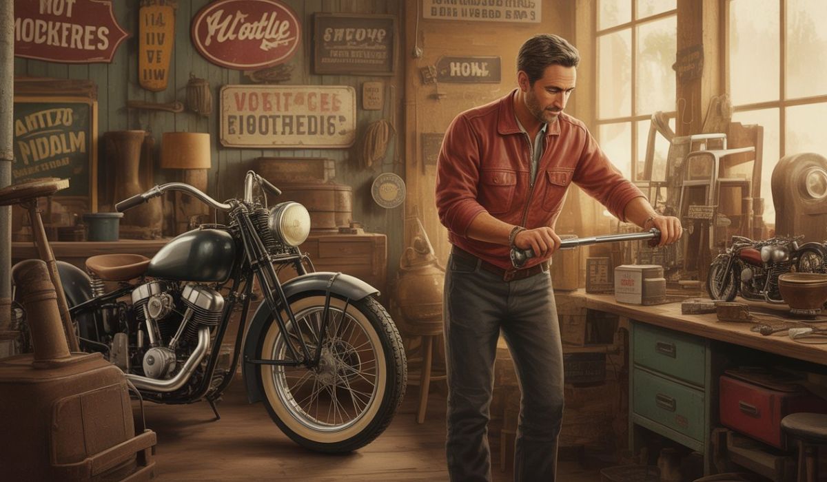 Mike Wolfe working on his vintage restoration passion project in a rustic garage setting.