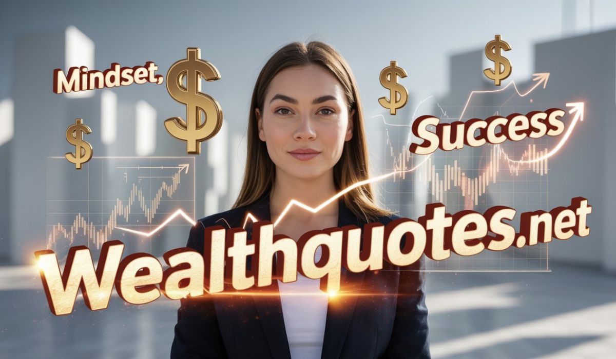 Inspirational digital vision board with money quotes, young entrepreneur, and financial growth symbols representing WealthQuotes.net.